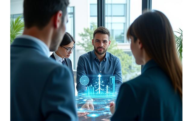 Group of diverse professionals collaborating on smart energy solutions in an modern, eco-friendly office with large windows overlooking a city powered by renewable energy. Represents innovation and sustainability.