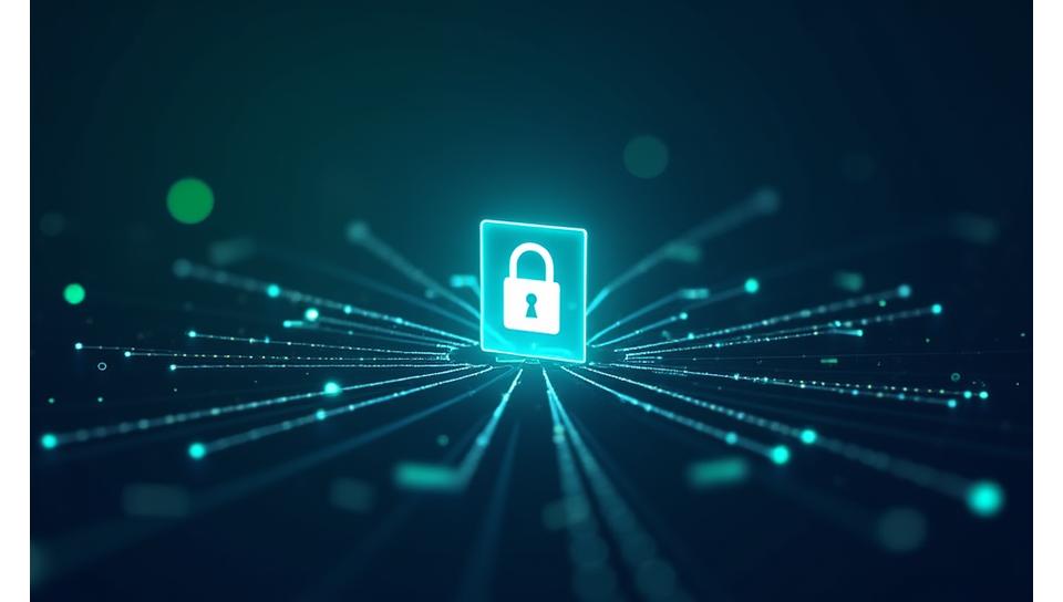 A visual representation of secure data transmission and privacy, with abstract glowing lines connecting network nodes and a prominent padlock icon.