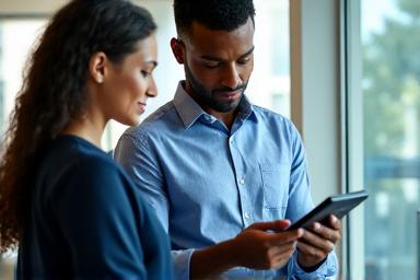 Two people reviewing charts and data on energy efficiency, with a professional and clean aesthetic.
