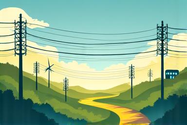 Illustration of power lines connected to a solar panel array, representing grid connectivity.